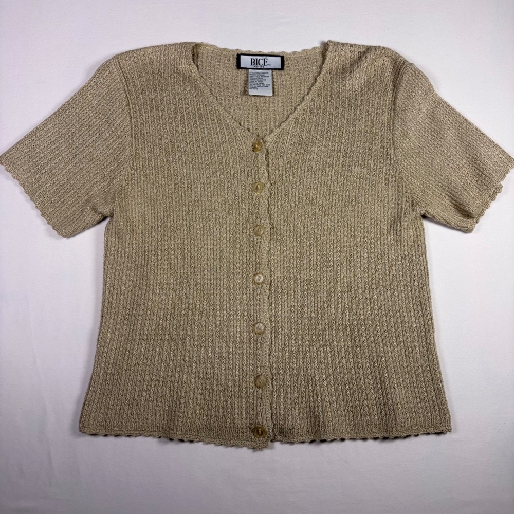 Bice Cardigan Silk Blend Ribbed Knit V-Neck Scalloped Tan Old Money Women MP
